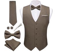 Barry.Wang Ensemble de 6 gilets pour homme en lin formel/décontracté avec col en V et nœud papillon - Couleur unie - Smoking pour fête de mariage, kaki foncé, Medium