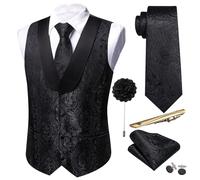 Barry.Wang Ensemble de 6 gilets pour homme en soie avec col en U et gilet à nouer Motif cachemire Tailles S à 3XL, Noir , XL