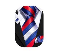 Barry.Wang Ensemble de cravates classiques tissées à rayures pour homme avec mouchoir et boutons de manchette formels, Bleu/rouge/blanc, taille unique