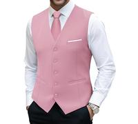 Barry.Wang Ensemble de Gilet et Cravate pour Homme - Costume de Mariage et Affaires - Coupe Ajustée - Style Western - V-Col - Couleurs Unies - Tailles S-3XL, rose, L