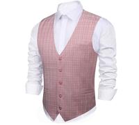Barry.Wang Ensemble de Gilet et Cravate pour Homme - Costume de Mariage et Affaires - Coupe Ajustée - Veste Western - Col en V - Couleurs Unies - Tailles S-3XL, Rose/plaid, M