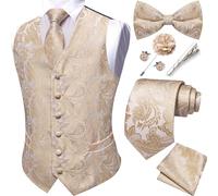 Barry.Wang Ensemble de Gilet Motif Paisley pour Homme Costume de Mariage Vestes Cravate Nœud Papillon Ensemble Jacquard Clip Mouchoir Boutons de Manchette Épingle à Revers Mariage 8 Pièces, champagne