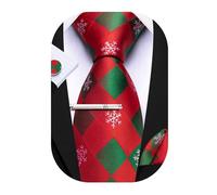Barry.Wang - Ensemble de nœud papillon pour homme en soie de Noël avec cravate, pochette carrée et boutons de manchette avec clip 4PCS Festival Flocon de neige Noël, Rouge/vert, taille unique