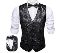 Barry.Wang Ensemble gilet à paillettes pour homme avec nœud papillon et épingle à revers - Col en V - Pour bal de fin d'année, mariage - Taille S à 3XL, Noir , L