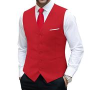 Barry.Wang Ensemble gilet et cravate pour homme - Couleur unie - Couleur unie - Coupe ajustée - Smoking western - Col en V, Rouge, 3XL