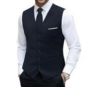 Barry.Wang Ensemble gilet et cravate pour homme - Couleur unie - Couleur unie - Coupe ajustée - Smoking western - Col en V, bleu marine, S