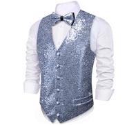 Barry.Wang Gilet brillant pour homme avec paillettes et nœud papillon, ensemble pour soirée festive, disco, festival, bal de promo, bleu clair, 3XL