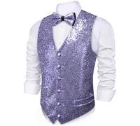 Barry.Wang Gilet brillant pour homme avec paillettes et nœud papillon, ensemble pour soirée festive, disco, festival, bal de promo, violet clair, 3XL