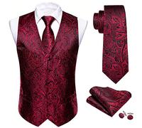 Barry.Wang Gilet cachemire pour homme en soie jacquard avec col en V et boutons de manchette carrés pour mariage, smoking, bal de fin d'année, Red Paisley, L