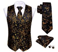 Barry.Wang Gilet cachemire pour homme en soie jacquard avec col en V et boutons de manchette carrés pour mariage, smoking, bal de fin d'année, noir/doré, S