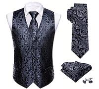 Barry.Wang Gilet cachemire pour homme en soie jacquard avec col en V et boutons de manchette carrés pour mariage, smoking, bal de fin d'année, noir/gris, XL