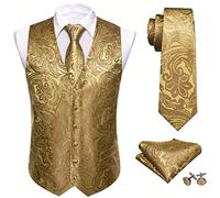 Barry.Wang Gilet cachemire pour homme en soie jacquard avec col en V et boutons de manchette carrés pour mariage, smoking, bal de fin d'année, doré, L