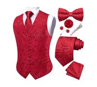 Barry.Wang Gilet Paisley pour homme Costume formel Gilets Cravate Nœud papillon Ensemble Jacquard Clip Mouchoir Boutons de manchette Épingle à revers Mariage 8PCS, Rouge, M