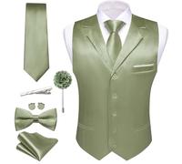 Barry.Wang Gilet pour homme avec cravate et nœud papillon 8 pièces, col à revers, gilet de costume décontracté coupe slim pour mariage, fête, smoking, vert sauge, Large