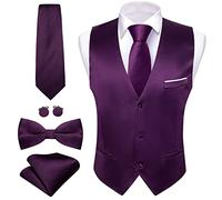 Barry.Wang Gilet pour homme de costume formel d'affaires coupe ajustée décontractée couleur unie avec cravate et nœud papillon Ensemble pour mariage et fête, violet, M