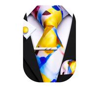 Barry.Wang Lot de 4 cravates carrées pour homme - Motif floral - Boutons de manchette - Pour mariage, fête, affaires, Jaune blanc, taille unique