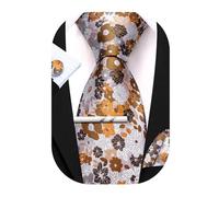 Barry.Wang Lot de 4 cravates carrées pour homme - Motif floral - Boutons de manchette - Pour mariage, fête, affaires, Fleur blanche et marron, taille unique
