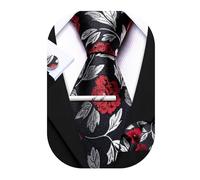 Barry.Wang Lot de 4 cravates carrées pour homme - Motif floral - Boutons de manchette - Pour mariage, fête, affaires, Noir/rouge/blanc, taille unique