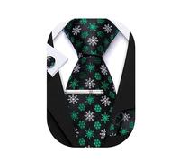 Barry.Wang Lot de 4 cravates de Noël tendance en soie pour homme avec boutons de manchette carrés et flocons de neige, vert/blanc, taille unique