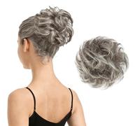 BARSDAR 100% Humain Chignon Postiche Cheveux, Messy Chignon de Cheveux Scrunchie Brun pour Femmes Elastique Ondulées Petit Updo Hair Bun Chouchou Postiche Aspect Naturel - Brun Mix Gris Blond