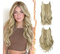 BARSDAR 2 PCS Fil Invisible Blond Extensions de Cheveux, 50cm Ondulées Layered Synthétique Clip in Hair Extensions pour Femme D'aspect Naturel Lace Weft Invisible Wire Postiche, Dirty Blond Balayage