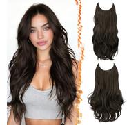 BARSDAR 2PCS Fil Invisible Synthétique Brun Foncé Ondulés Hair Extensions | 50cm Doux Wave & Layered Wave, D'aspect Naturel, Lace Weft avec 4 Clips, Silky Épais Volumineux Légère Easy Wear, Tangle-free