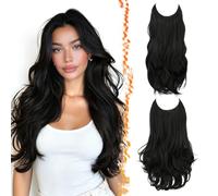 BARSDAR 2PCS Fil Invisible Synthétique Noir Ondulées Clip in Hair Extension | 50cm Doux Wave & Layered Wave, D'aspect Naturel, Lace Weft avec 4 Clips, Silky Épais Volumineux Légère Easy Wear, Tangle-free
