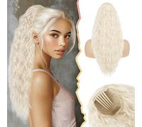 BARSDAR 56cm Blond Platine Queue de Cheval Extnsion avec Cordon, Longue Ondulée Synthétique Peigne Clip in Queue de Cheval Extension Cheveux pour Femmes Bohemian Épais Aspect Naturel Ponytail Postiche