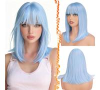 BARSDAR Bleu Clair Bob Perruque, Courte Bleu Perruque avec Franges pour Femmes 35cm Courte Bob Perruques Synthétiques D'aspect Naturel Remplacement Cheveux Fêtes Halloween Costume Coloré Perruques