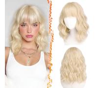 BARSDAR Blond Clair Courte Ondulée Perruque avec Franges, Bou Blond Perruque avec Franges pour Femmes 35cm Épais D'aspect Naturel Synthétiques Perruques Cosplay Partie Perruques de Cheveux