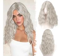 BARSDAR Bou Ondulée Perruque, Moyen Longueur Ondulée Sliver Gris Perruques pour Femmes 50cm Bou Perruque avec Face-Framing Curtain Bangs D'aspect Naturelle Synthétiques Perruques Halloween