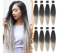 BARSDAR Cheveux Tressés Pré-étirés, 66cm 8 Packs Ombre Gris Longue Pre Stretched Braiding Hair pour Tresses Africaine Yaki Texture Synthétique Braiding Extensions de Cheveux - T1B/Silver#