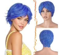 BARSDAR Court Bleu Perruques, Costume Joie Perruque Court Bleu Coupe Pixie Perruque Aspect Naturel Synthétiques Cheveux Cosplay Halloween Perruques
