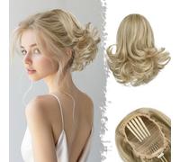 BARSDAR Court Blond Queue de Cheval, 25cm Ondulée Queue de Cheval Extensions de Cheveux avec Cordon pour Femmes Synthétique Peigne Clip en Postiches Cheveux - Blond Clair Cendré avec Highlights