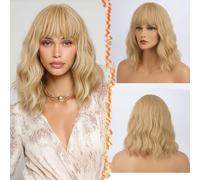 BARSDAR Court Ondulée Bob Perruque avec Frange, 35cm Court Blond Perruque avec Frange Bouclée Ondulée Synthétique Fibre Perruque Résistante à la Chaleur pour Femmes Cosplay (Blond Mixte)