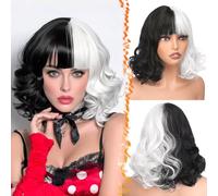 BARSDAR Court Ondulée Noir et Blanc Perruques avec Frange, Costume Perruque pour Femmes 35cm Mi-noir Mi-blanc Perruque Synthétiques Cheveux Perruques Cosplay Halloween