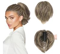 BARSDAR Court Queue de Cheval Extension avec Métal Pliable, 20cm Pince à Griffes Cheveux Humain Brun Mix Blond Messy Chignon Cheveux Chouchou Postiche pour Femmes Épais Naturel Court Queue de Cheval