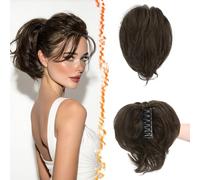 BARSDAR Court Queue de Cheval Extension avec Métal Pliable, 20cm Pince à Griffes Cheveux Humain Messy Chignon Cheveux Chouchou Postiche pour Femmes Épais Naturel Court Brun Foncé Queue de Cheval