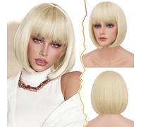 BARSDAR Courte Blond Bob Perruque, Clair Blond Courte Bob Perruque avec Franges pour Femmes 30cm Chic Longueur D'aspect Naturel Synthétiques Perruques avec Franges Fêtes Halloween Bobs Perruques