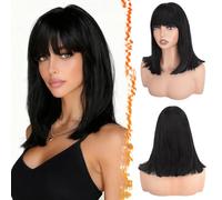 BARSDAR Courte Noir Bob Perruque avec Frange, Courte Noir Bob Perruques avec Frange pour Femmes 35cm D'aspect Naturel Synthétiques Remplacement Cheveux Perruque Quotidien Halloween Perruques