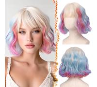 BARSDAR Courte Ondulées Blond Ombre Perruque, Courte Rainbow Perruque avec Franges Synthétiques Bou Chic Colorées French Bob Perruques Face-Framing Bangs Cheveux Perruques D'aspect Naturel Fêtes