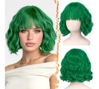 BARSDAR Courte Ondulées Perruque avec Franges, Ondulées Verte Perruque avec Franges Synthétiques Textured Bou French Bob Perruques Face-Framing Bangs D'aspect Naturel St Patrick's Day Halloween