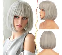 BARSDAR Gris Perruque avec Franges, 30cm Courte Perruque Droite Bob avec Franges pour Les Femmes Courte Bob Perruques Naturel Synthétiques Résistantes à la Chaleur Perruques (Gris)
