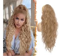BARSDAR Longue Blond Queue de Cheval Extension, 66cm Bouclé Ondulées Cordon Queue de Cheval Extension de Cheveux pour Femme, Synthétique Clip en Queue de Cheval Postiche, Fraise Blond Mixte