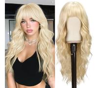 BARSDAR Longue Ondulée Blond Perruque avec Frange, 66cm Longue Ondulée Blond Perruque avec Frange pour Femme Épais Perruques Synthétique Perruques de Cheveux D'aspect Naturel Cosplay Halloween