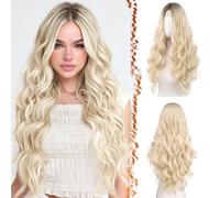 BARSDAR Longue Ondulée Ombre Blonde Naturelle Perruque, 66cm Bouclées Naturel Synthétiques Perruque Épais Doux Blond Perruques pour Femme Cosplay Fête Quotidienne (Ombre Blonde Naturelle)