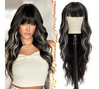 BARSDAR Longue Ondulée Perruque avec Frange, 66cm Longue Ondulées Noir Blond Highlight Perruque pour Femmes D'aspect Naturel Épais Synthétique Perruques de Cheveux Cosplay Halloween Perruques