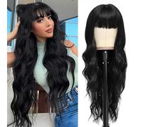 BARSDAR Longue Perruque Noir Naturel avec Franges, 66cm Longue Ondulée Noir Perruque avec Franges pour Femmes Synthétique Perruques de Cheveux Cosplay Quotidien Halloween