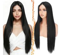BARSDAR Longue Raides Noir Perruques, Longue Costume Perruque Synthétiques Middle Part Perruque pour Femmes 76cm Aspect Naturel Halloween Perruques