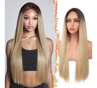 BARSDAR Longue Raides Perruque Blond Ombre, 71cm Longue Raides Partie Centrale Ombre Blond Perruque pour Femmes D'aspect Naturel Perruques Synthétiques Perruques de Cheveux Cosplay Halloween